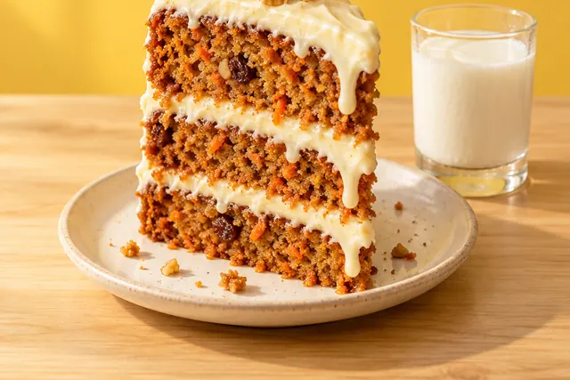 Una rebanada de pastel de zanahoria con glaseado de queso crema
