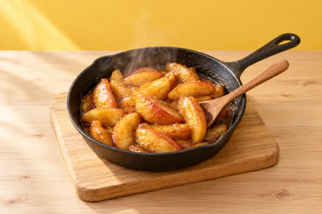 Manzanas tibias con canela en una sartén